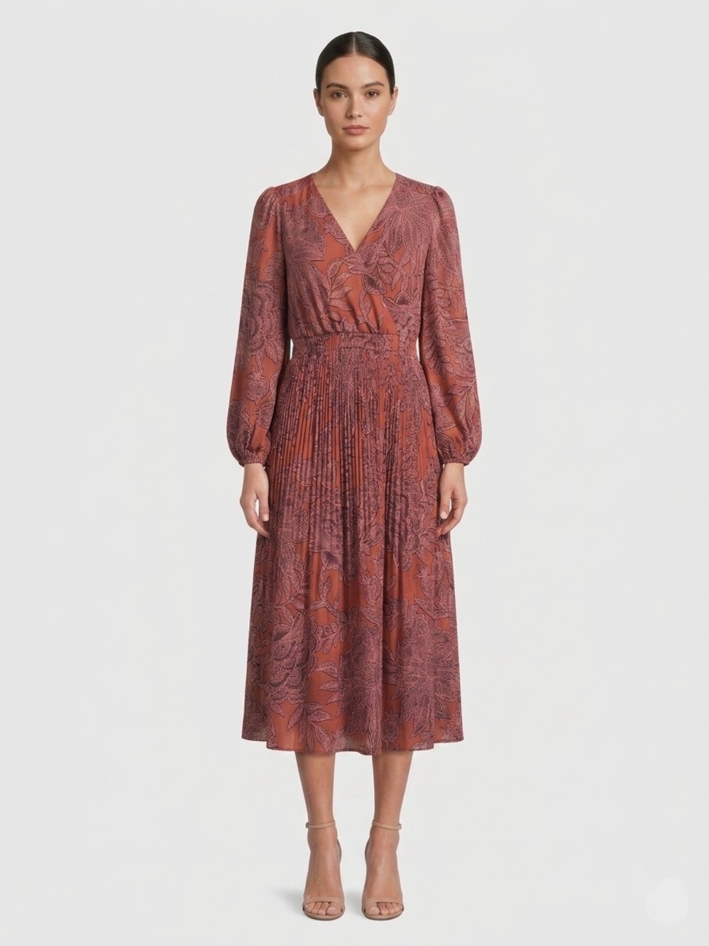 Ryegrass, Rust Botanical-Print V-Neck Smocked-Waist Midi Dress - M